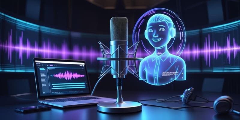 Micrófono profesional y pantalla con forma de onda de audio junto a un avatar de inteligencia artificial en estudio futurista iluminado en azul y púrpura.